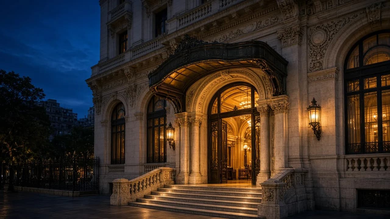 Entrada nocturna de Estancia del Plata, fachada de piedra iluminada