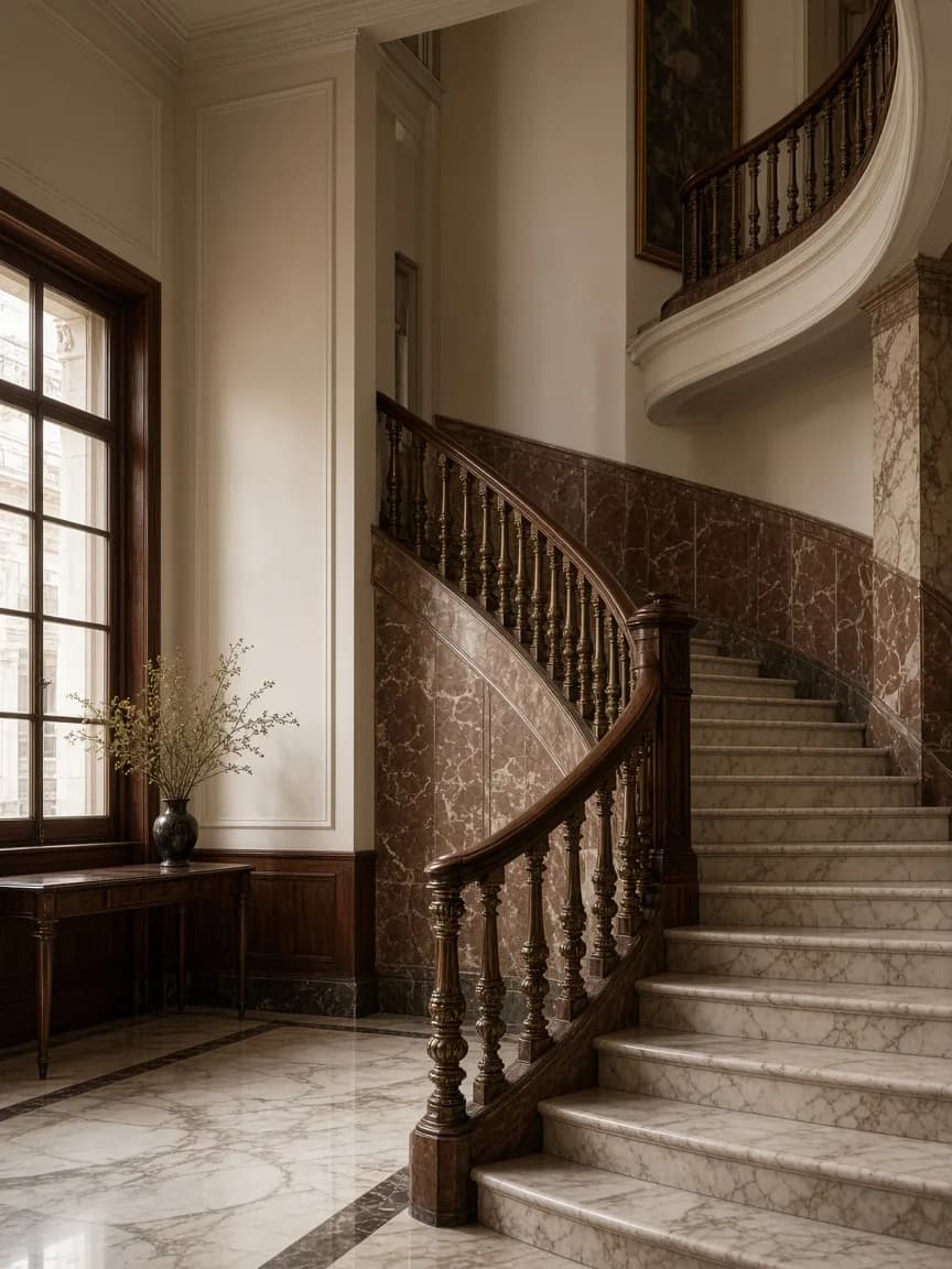 Escalera de mármol y bronce del hotel